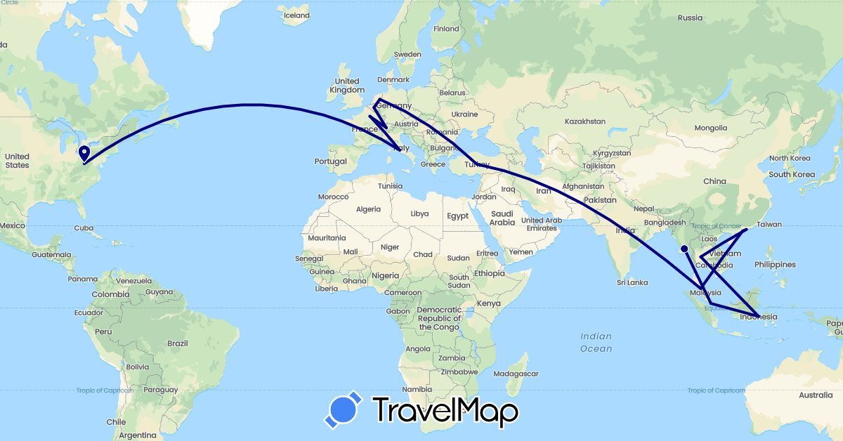 TravelMap itinerary: driving in Belgium, Switzerland, China, France, Indonesia, Italy, Myanmar (Burma), Malaysia, Netherlands, Singapore, Thailand, Turkey, United States (Asia, Europe, North America)